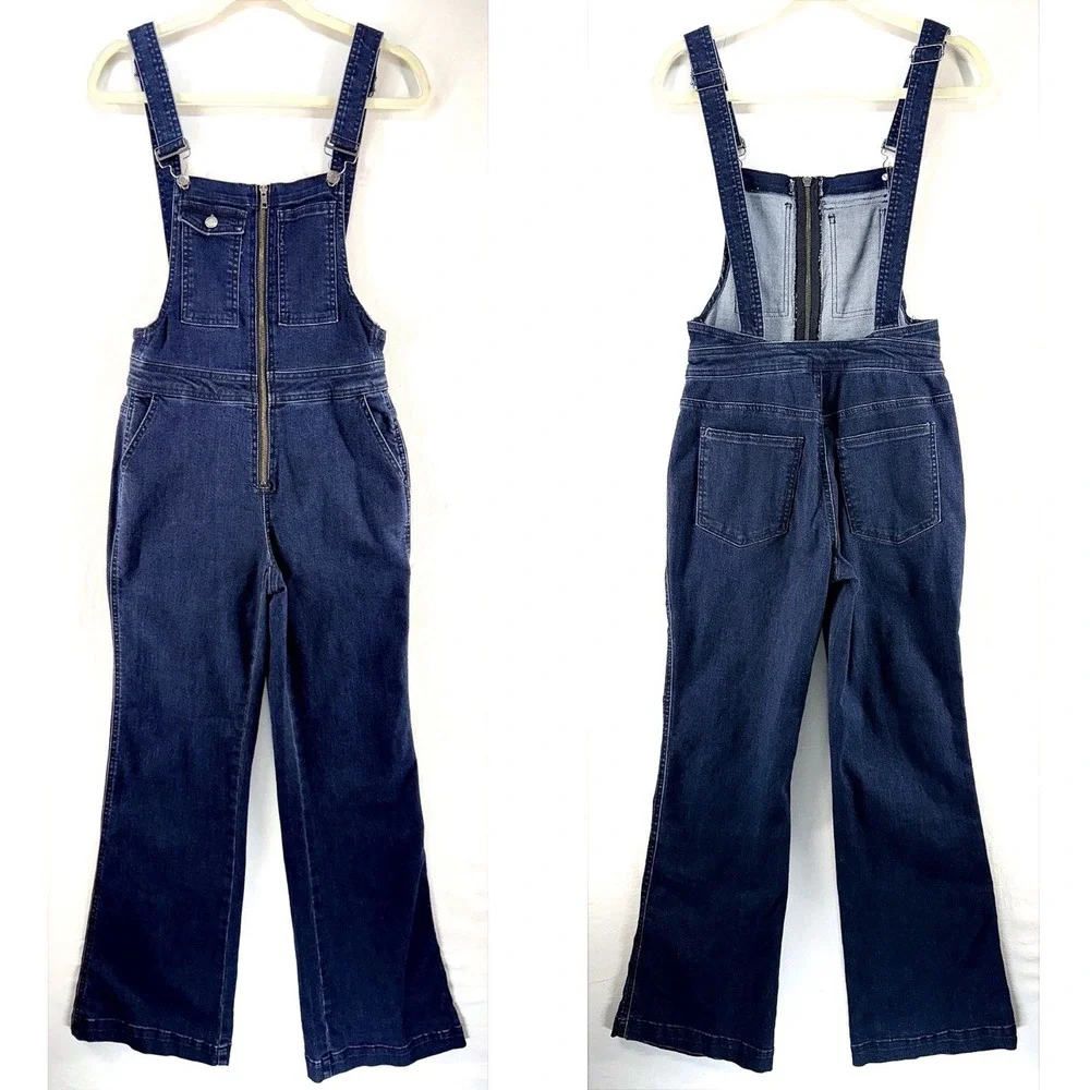 Womens Dark Wash Denim Zip Front Overalls Flare Sz S 70s Retro Festival Tradwife